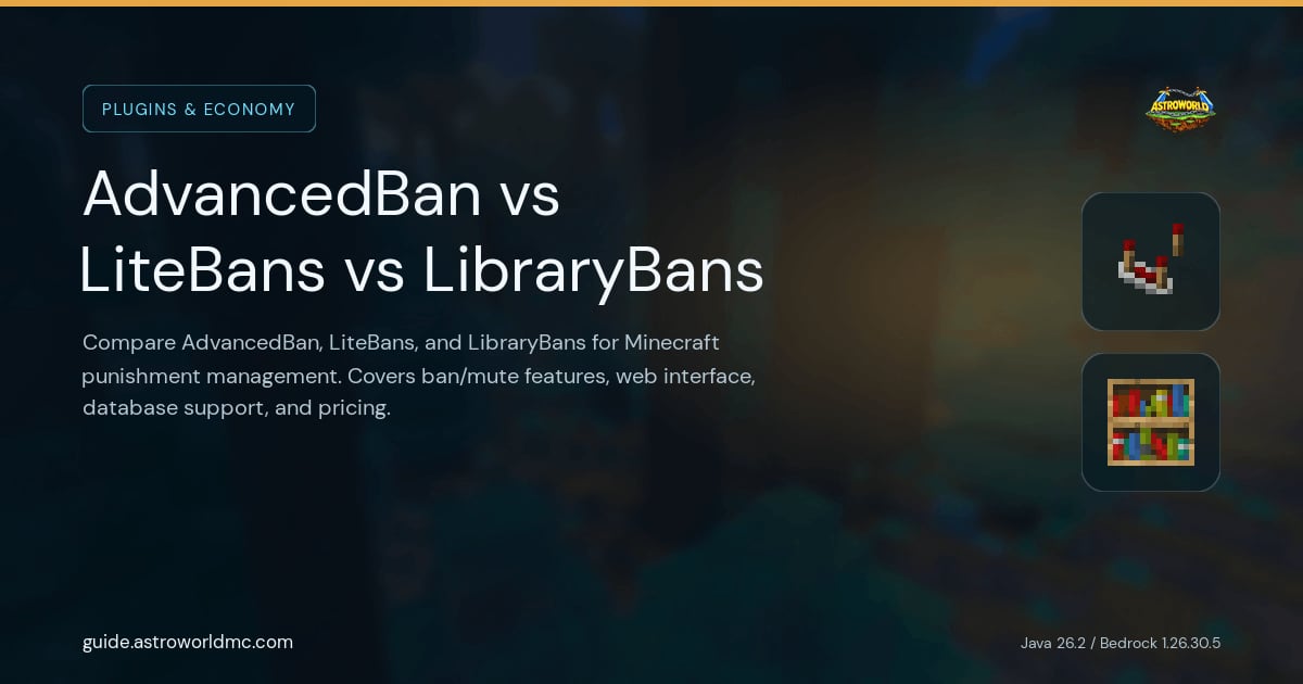 AdvancedBan vs LiteBans vs LibraryBans: Compare AdvancedBan, LiteBans, and LibraryBans for Minecraft punishment management. Covers ban/mute features, web interface, database support, and pricing.