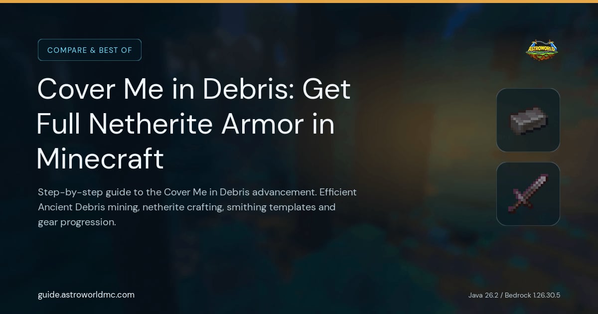 Cover Me in Debris: Get Full Netherite Armor in Minecraft: Step-by-step guide to the Cover Me in Debris advancement. Efficient Ancient Debris mining, netherite crafting, smithing templates and gear progression.