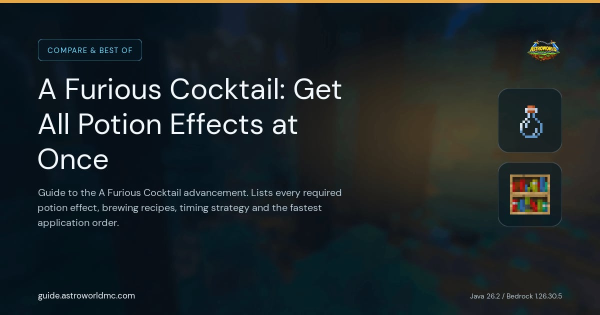 A Furious Cocktail: Get All Potion Effects at Once: Guide to the A Furious Cocktail advancement. Lists every required potion effect, brewing recipes, timing strategy and the fastest application order.
