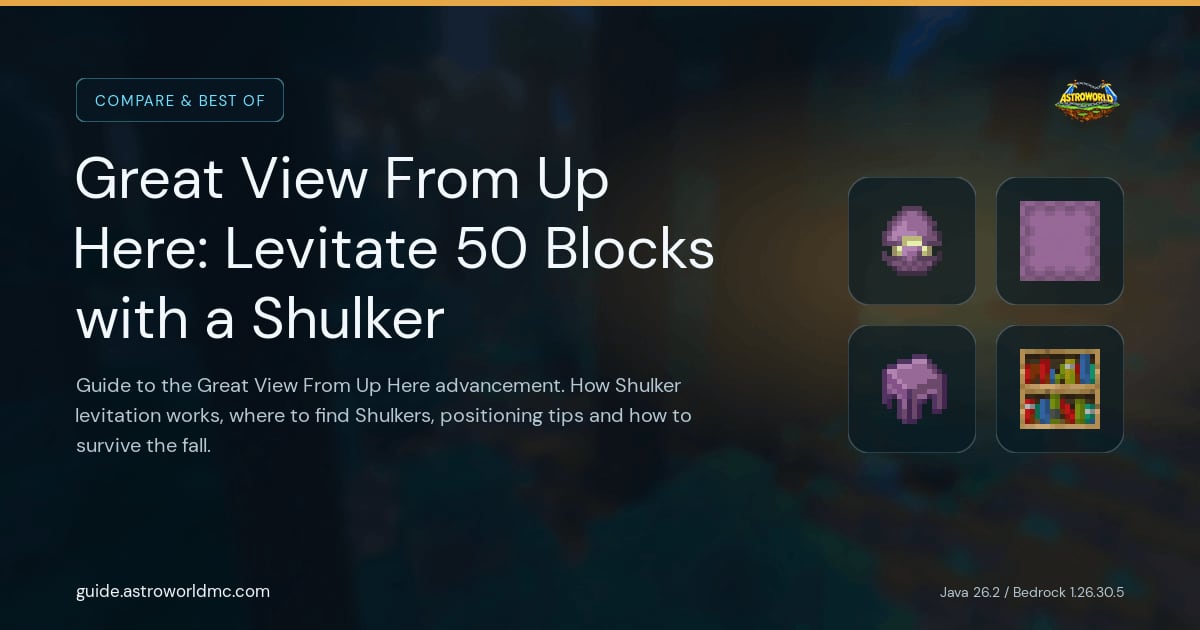 Great View From Up Here: Levitate 50 Blocks with a Shulker: Guide to the Great View From Up Here advancement. How Shulker levitation works, where to find Shulkers, positioning tips and how to survive the fall.