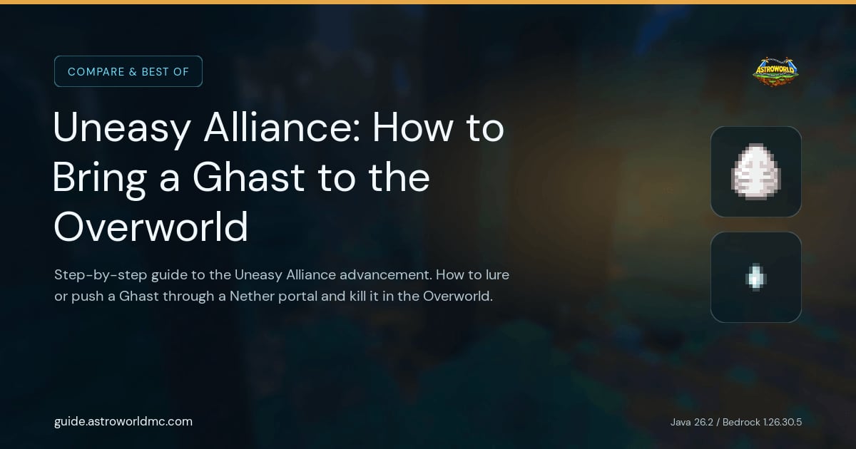 Uneasy Alliance: How to Bring a Ghast to the Overworld: Step-by-step guide to the Uneasy Alliance advancement. How to lure or push a Ghast through a Nether portal and kill it in the Overworld.