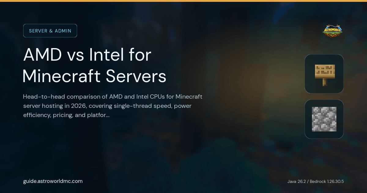 AMD vs Intel for Minecraft Servers: Head-to-head comparison of AMD and Intel CPUs for Minecraft server hosting in 2026, covering single-thread speed, power efficiency, pricing, and platform longevity.