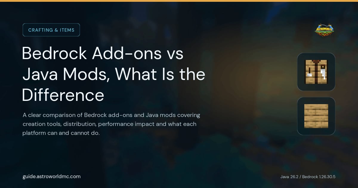Bedrock Add-ons vs Java Mods, What Is the Difference: A clear comparison of Bedrock add-ons and Java mods covering creation tools, distribution, performance impact and what each platform can and cannot do.