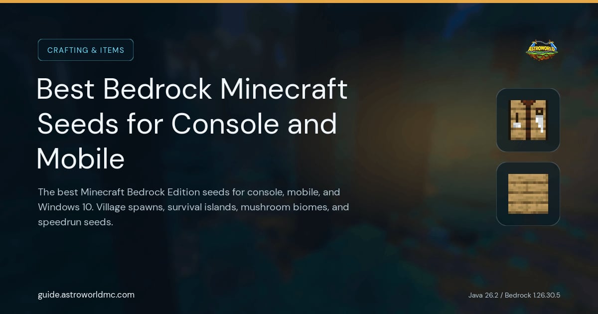 Best Bedrock Minecraft Seeds for Console and Mobile: The best Minecraft Bedrock Edition seeds for console, mobile, and Windows 10. Village spawns, survival islands, mushroom biomes, and speedrun seeds.