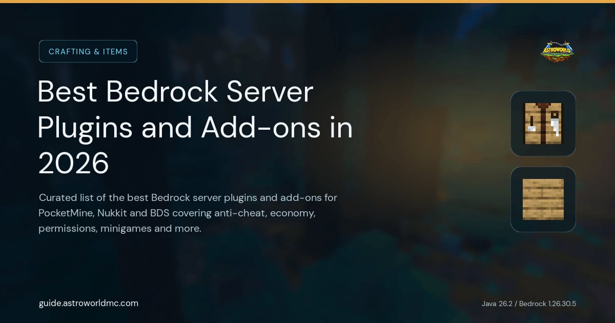 Best Bedrock Server Plugins and Add-ons in 2026: Curated list of the best Bedrock server plugins and add-ons for PocketMine, Nukkit and BDS covering anti-cheat, economy, permissions, minigames and more.