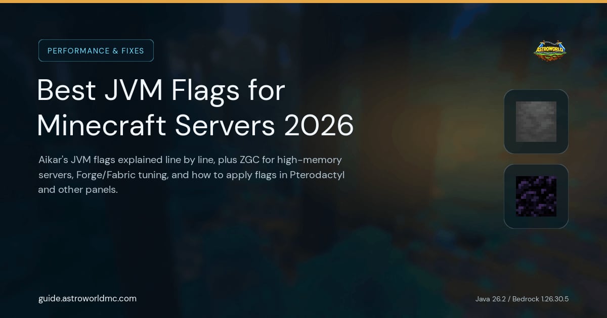 Best JVM Flags for Minecraft Servers 2026: Aikar's JVM flags explained line by line, plus ZGC for high-memory servers, Forge/Fabric tuning, and how to apply flags in Pterodactyl and other panels.