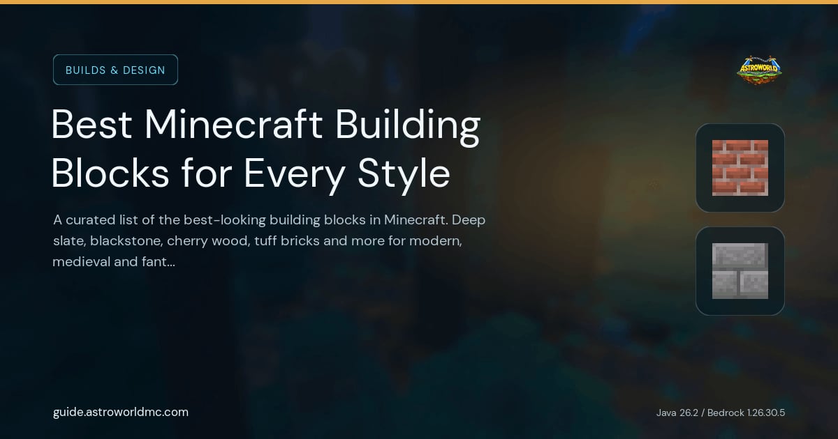 Best Minecraft Building Blocks for Every Style: A curated list of the best-looking building blocks in Minecraft. Deep slate, blackstone, cherry wood, tuff bricks and more for modern, medieval and fantasy builds.