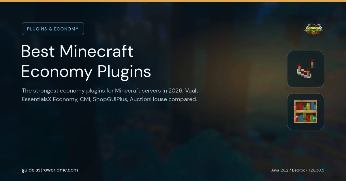 Best Minecraft Economy Plugins: The strongest economy plugins for Minecraft servers in 2026, Vault, EssentialsX Economy, CMI, ShopGUIPlus, AuctionHouse compared.