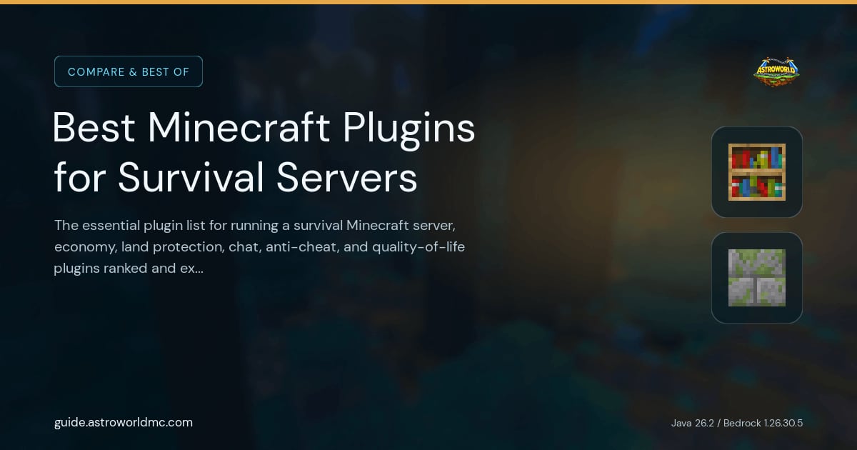 Best Minecraft Plugins for Survival Servers: The essential plugin list for running a survival Minecraft server, economy, land protection, chat, anti-cheat, and quality-of-life plugins ranked and explained.