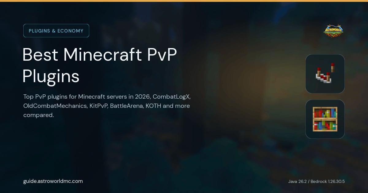 Best Minecraft PvP Plugins: Top PvP plugins for Minecraft servers in 2026, CombatLogX, OldCombatMechanics, KitPvP, BattleArena, KOTH and more compared.
