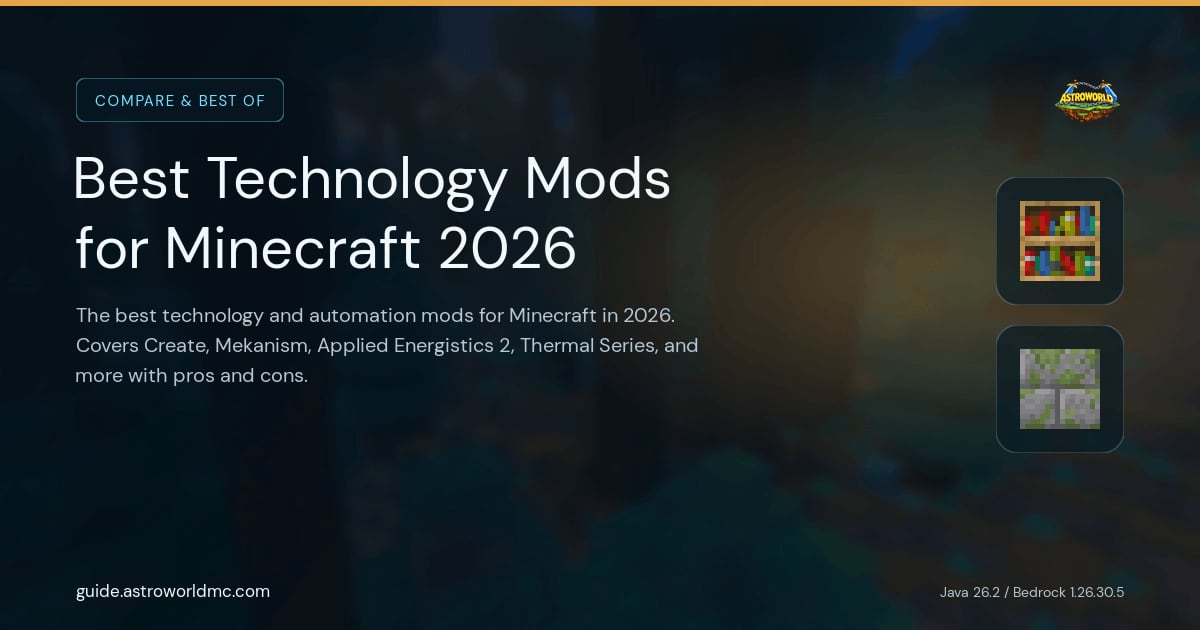 Best Technology Mods for Minecraft 2026: The best technology and automation mods for Minecraft in 2026. Covers Create, Mekanism, Applied Energistics 2, Thermal Series, and more with pros and cons.
