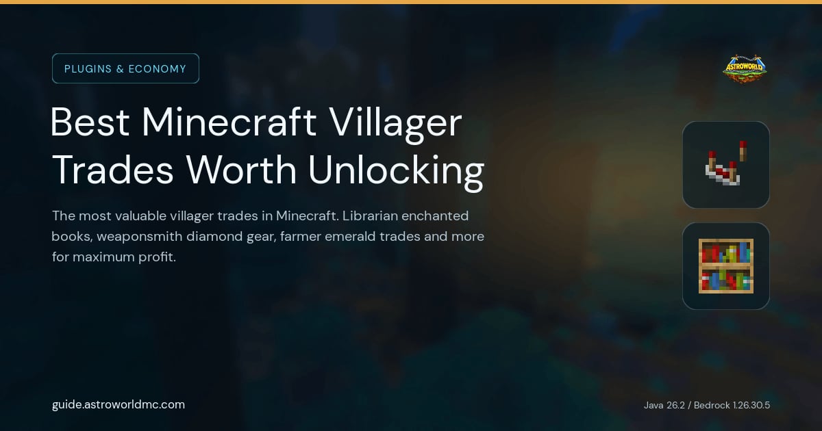Best Minecraft Villager Trades Worth Unlocking: The most valuable villager trades in Minecraft. Librarian enchanted books, weaponsmith diamond gear, farmer emerald trades and more for maximum profit.
