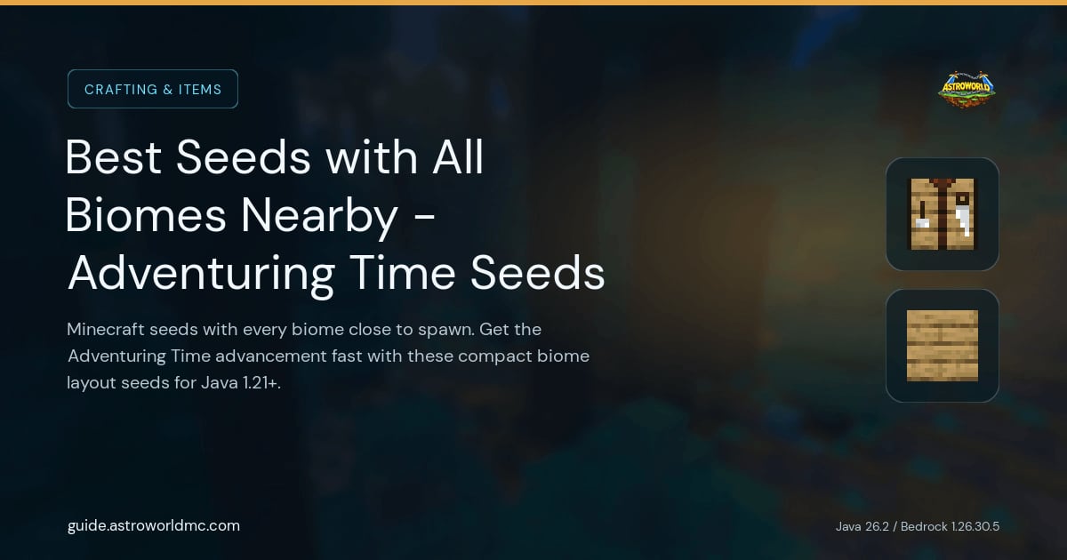Best Seeds with All Biomes Nearby - Adventuring Time Seeds: Minecraft seeds with every biome close to spawn. Get the Adventuring Time advancement fast with these compact biome layout seeds for Java 1.21+.