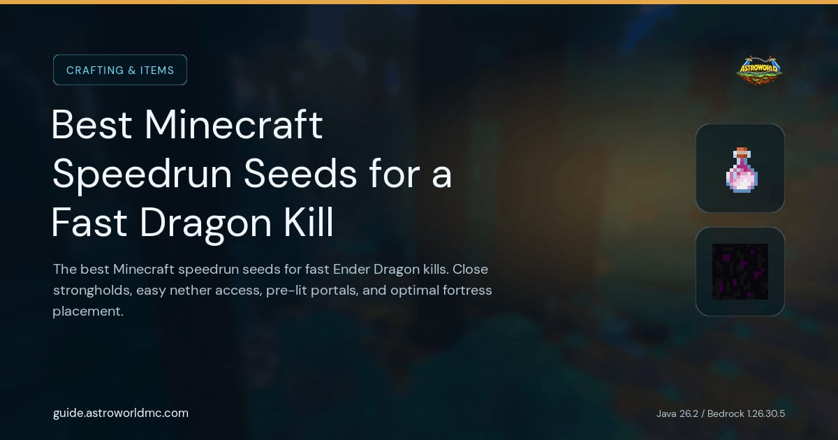 Best Minecraft Speedrun Seeds for a Fast Dragon Kill: The best Minecraft speedrun seeds for fast Ender Dragon kills. Close strongholds, easy nether access, pre-lit portals, and optimal fortress placement.