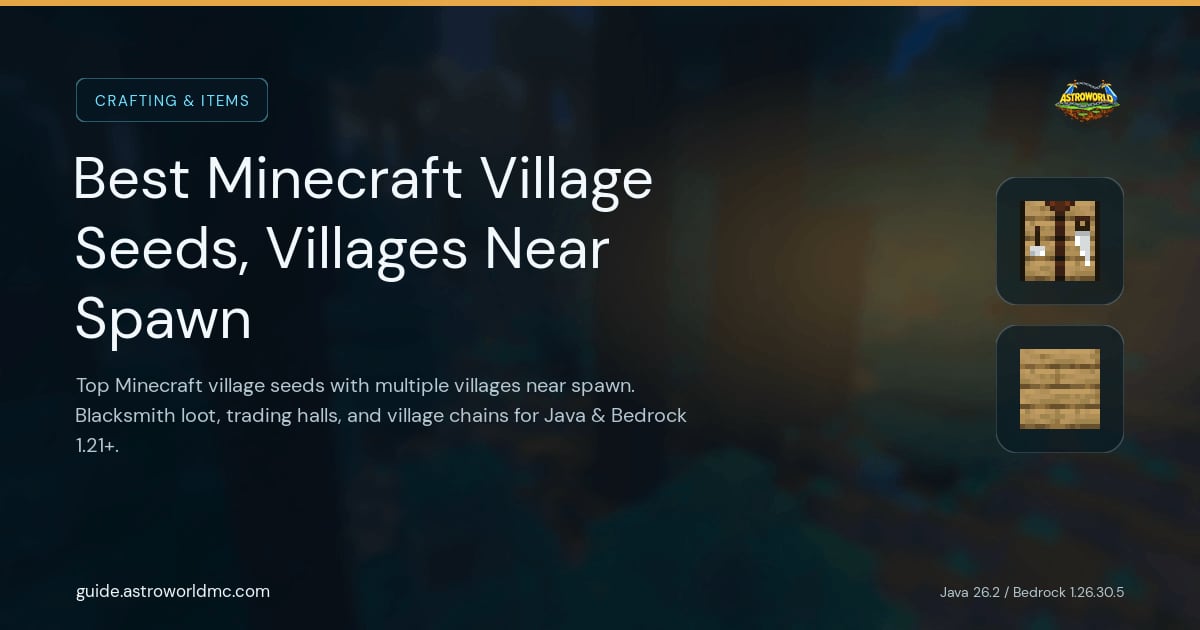 Best Minecraft Village Seeds, Villages Near Spawn: Top Minecraft village seeds with multiple villages near spawn. Blacksmith loot, trading halls, and village chains for Java & Bedrock 1.21+.