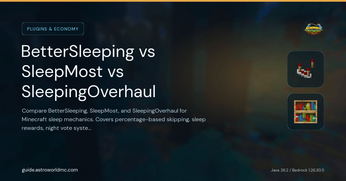 BetterSleeping vs SleepMost vs SleepingOverhaul: Compare BetterSleeping, SleepMost, and SleepingOverhaul for Minecraft sleep mechanics. Covers percentage-based skipping, sleep rewards, night vote systems, and configuration.