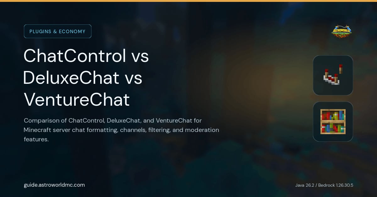 ChatControl vs DeluxeChat vs VentureChat: Comparison of ChatControl, DeluxeChat, and VentureChat for Minecraft server chat formatting, channels, filtering, and moderation features.