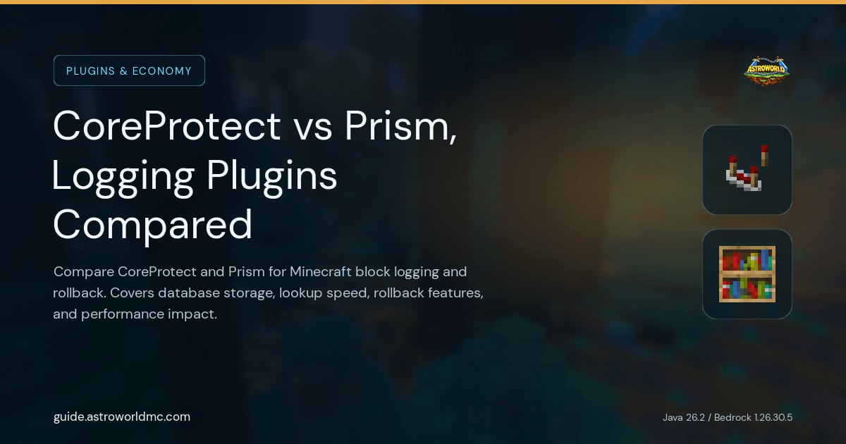 CoreProtect vs Prism, Logging Plugins Compared: Compare CoreProtect and Prism for Minecraft block logging and rollback. Covers database storage, lookup speed, rollback features, and performance impact.