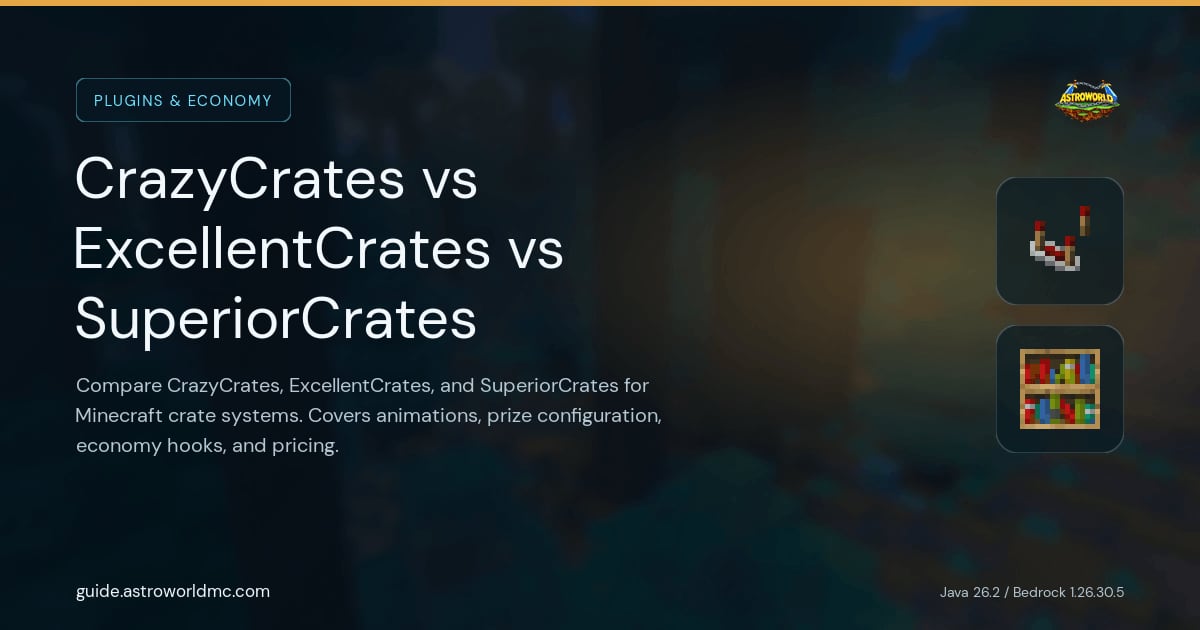 CrazyCrates vs ExcellentCrates vs SuperiorCrates: Compare CrazyCrates, ExcellentCrates, and SuperiorCrates for Minecraft crate systems. Covers animations, prize configuration, economy hooks, and pricing.