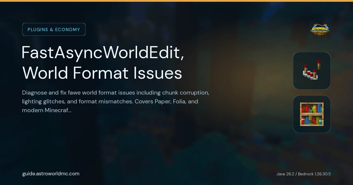 FastAsyncWorldEdit, World Format Issues: Diagnose and fix fawe world format issues including chunk corruption, lighting glitches, and format mismatches. Covers Paper, Folia, and modern Minecraft world formats.