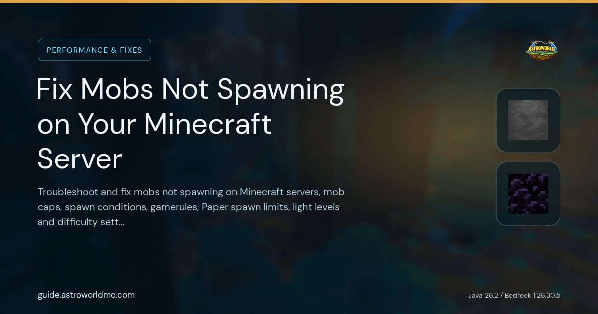 Fix Mobs Not Spawning on Your Minecraft Server: Troubleshoot and fix mobs not spawning on Minecraft servers, mob caps, spawn conditions, gamerules, Paper spawn limits, light levels and difficulty settings.