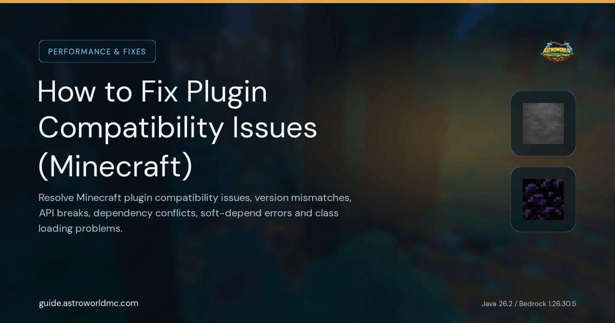 How to Fix Plugin Compatibility Issues (Minecraft): Resolve Minecraft plugin compatibility issues, version mismatches, API breaks, dependency conflicts, soft-depend errors and class loading problems.