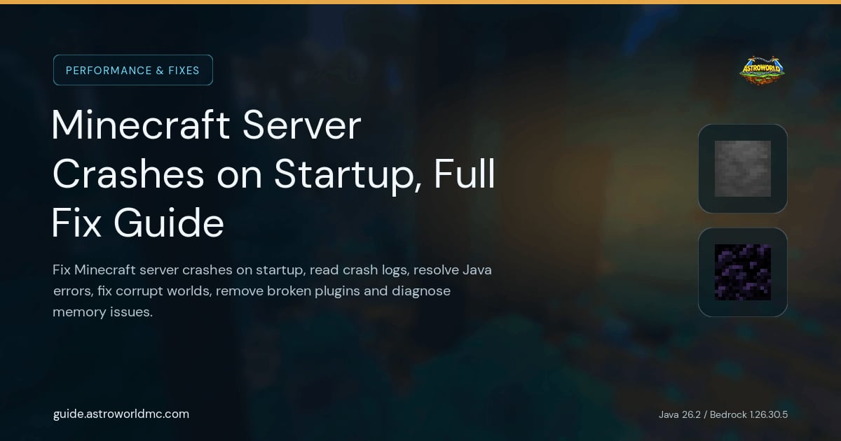 Minecraft Server Crashes on Startup, Full Fix Guide: Fix Minecraft server crashes on startup, read crash logs, resolve Java errors, fix corrupt worlds, remove broken plugins and diagnose memory issues.