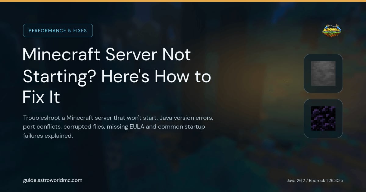 Minecraft Server Not Starting? Here's How to Fix It: Troubleshoot a Minecraft server that won't start, Java version errors, port conflicts, corrupted files, missing EULA and common startup failures explained.