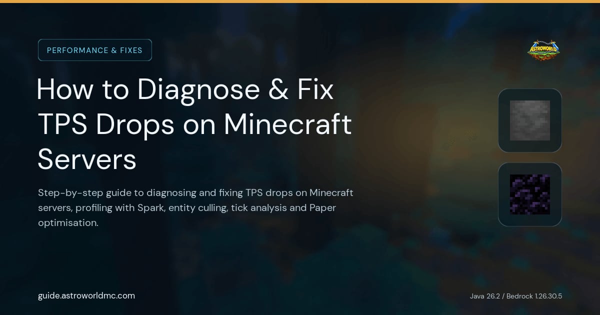 How to Diagnose & Fix TPS Drops on Minecraft Servers: Step-by-step guide to diagnosing and fixing TPS drops on Minecraft servers, profiling with Spark, entity culling, tick analysis and Paper optimisation.