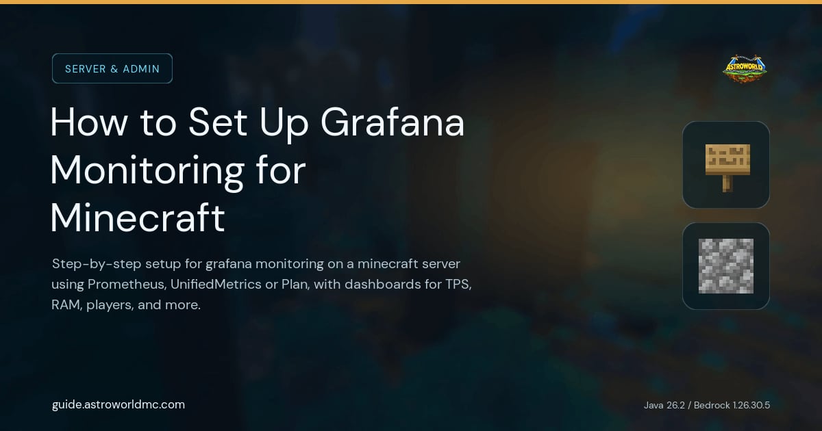 How to Set Up Grafana Monitoring for Minecraft: Step-by-step setup for grafana monitoring on a minecraft server using Prometheus, UnifiedMetrics or Plan, with dashboards for TPS, RAM, players, and more.
