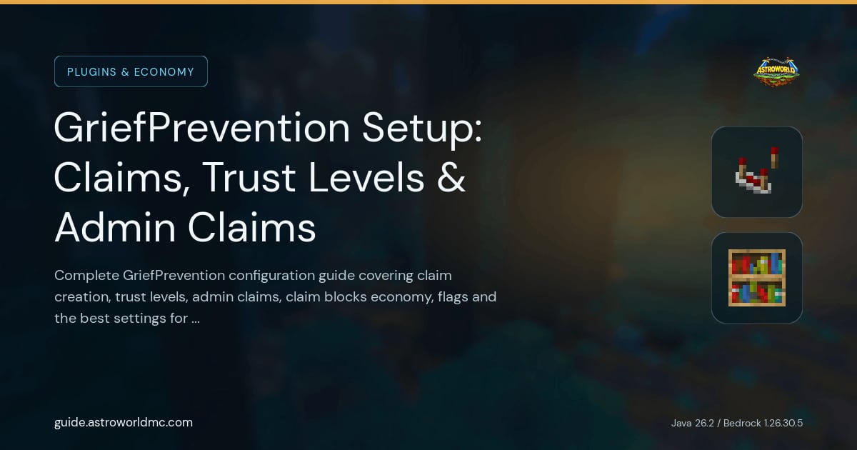 GriefPrevention Setup: Claims, Trust Levels & Admin Claims: Complete GriefPrevention configuration guide covering claim creation, trust levels, admin claims, claim blocks economy, flags and the best settings for a survival Minecraft server.