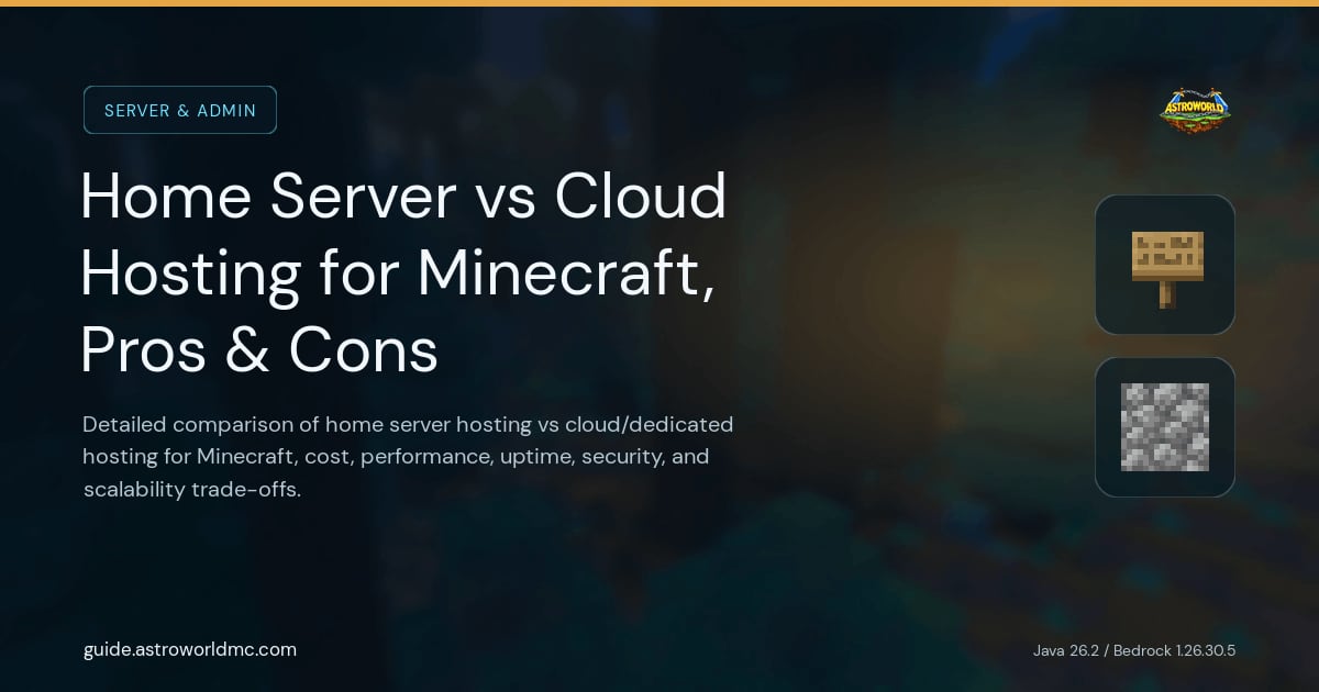 Home Server vs Cloud Hosting for Minecraft, Pros & Cons: Detailed comparison of home server hosting vs cloud/dedicated hosting for Minecraft, cost, performance, uptime, security, and scalability trade-offs.