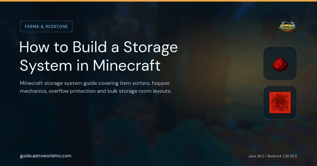 How to Build a Storage System in Minecraft: Minecraft storage system guide covering item sorters, hopper mechanics, overflow protection and bulk storage room layouts.