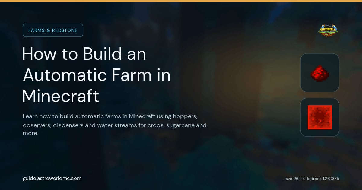 How to Build an Automatic Farm in Minecraft: Learn how to build automatic farms in Minecraft using hoppers, observers, dispensers and water streams for crops, sugarcane and more.
