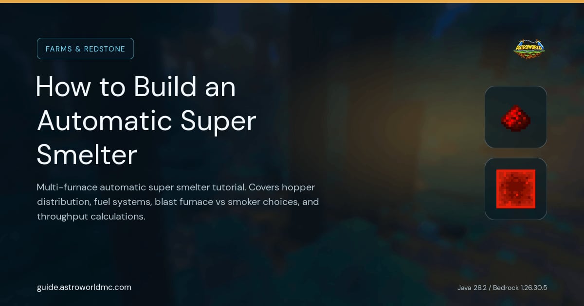 How to Build an Automatic Super Smelter: Multi-furnace automatic super smelter tutorial. Covers hopper distribution, fuel systems, blast furnace vs smoker choices, and throughput calculations.