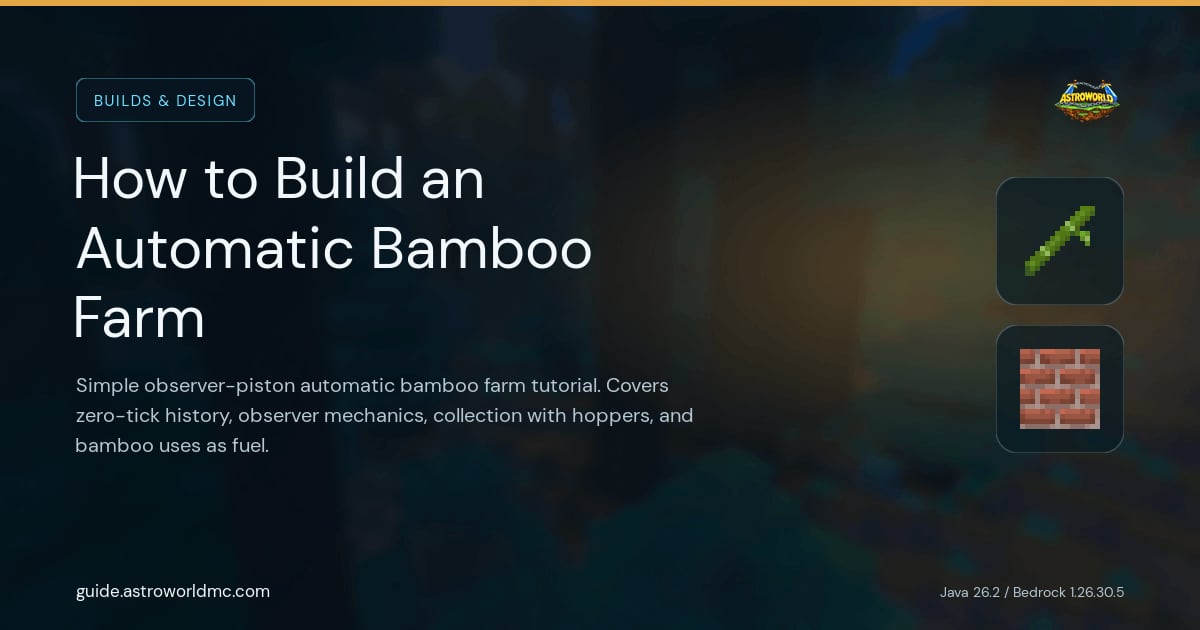 How to Build an Automatic Bamboo Farm: Simple observer-piston automatic bamboo farm tutorial. Covers zero-tick history, observer mechanics, collection with hoppers, and bamboo uses as fuel.
