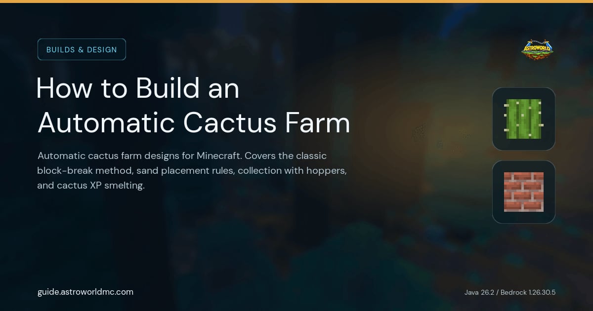 How to Build an Automatic Cactus Farm: Automatic cactus farm designs for Minecraft. Covers the classic block-break method, sand placement rules, collection with hoppers, and cactus XP smelting.