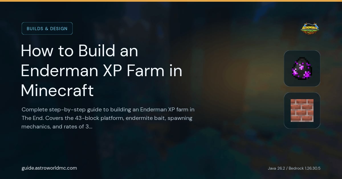 How to Build an Enderman XP Farm in Minecraft: Complete step-by-step guide to building an Enderman XP farm in The End. Covers the 43-block platform, endermite bait, spawning mechanics, and rates of 30+ levels per minute.