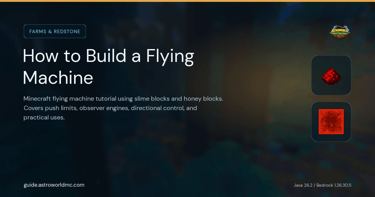 How to Build a Flying Machine: Minecraft flying machine tutorial using slime blocks and honey blocks. Covers push limits, observer engines, directional control, and practical uses.