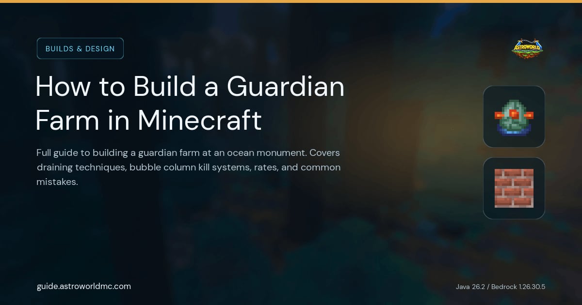 How to Build a Guardian Farm in Minecraft: Full guide to building a guardian farm at an ocean monument. Covers draining techniques, bubble column kill systems, rates, and common mistakes.