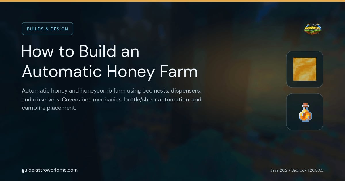 How to Build an Automatic Honey Farm: Automatic honey and honeycomb farm using bee nests, dispensers, and observers. Covers bee mechanics, bottle/shear automation, and campfire placement.