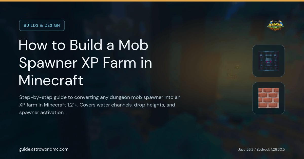 How to Build a Mob Spawner XP Farm in Minecraft: Step-by-step guide to converting any dungeon mob spawner into an XP farm in Minecraft 1.21+. Covers water channels, drop heights, and spawner activation range.