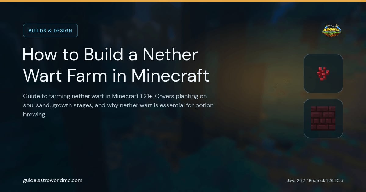 How to Build a Nether Wart Farm in Minecraft: Guide to farming nether wart in Minecraft 1.21+. Covers planting on soul sand, growth stages, and why nether wart is essential for potion brewing.