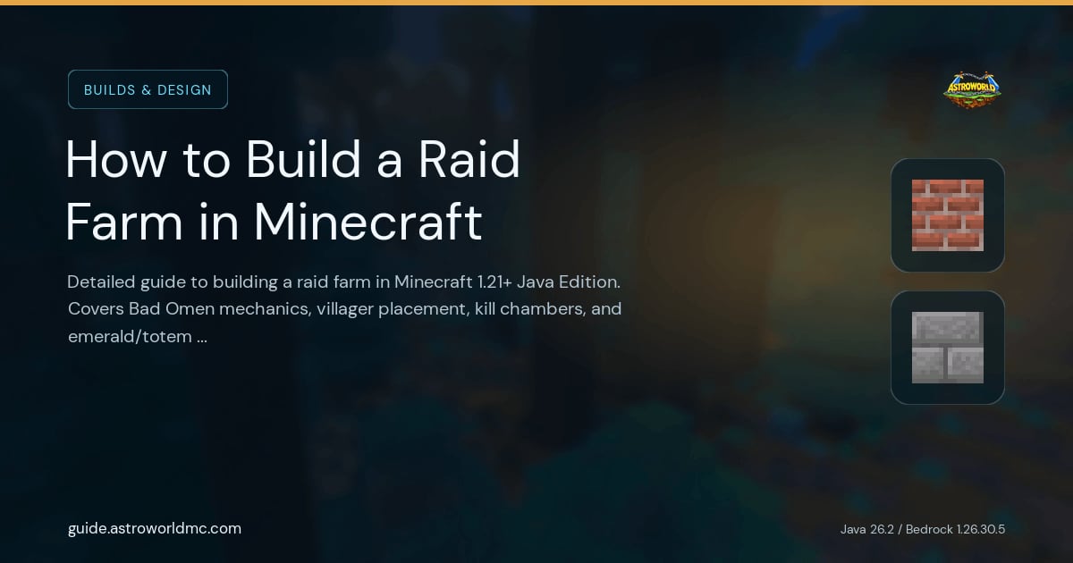 How to Build a Raid Farm in Minecraft: Detailed guide to building a raid farm in Minecraft 1.21+ Java Edition. Covers Bad Omen mechanics, villager placement, kill chambers, and emerald/totem drop rates.