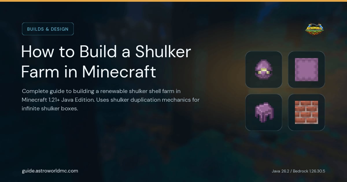 How to Build a Shulker Farm in Minecraft: Complete guide to building a renewable shulker shell farm in Minecraft 1.21+ Java Edition. Uses shulker duplication mechanics for infinite shulker boxes.