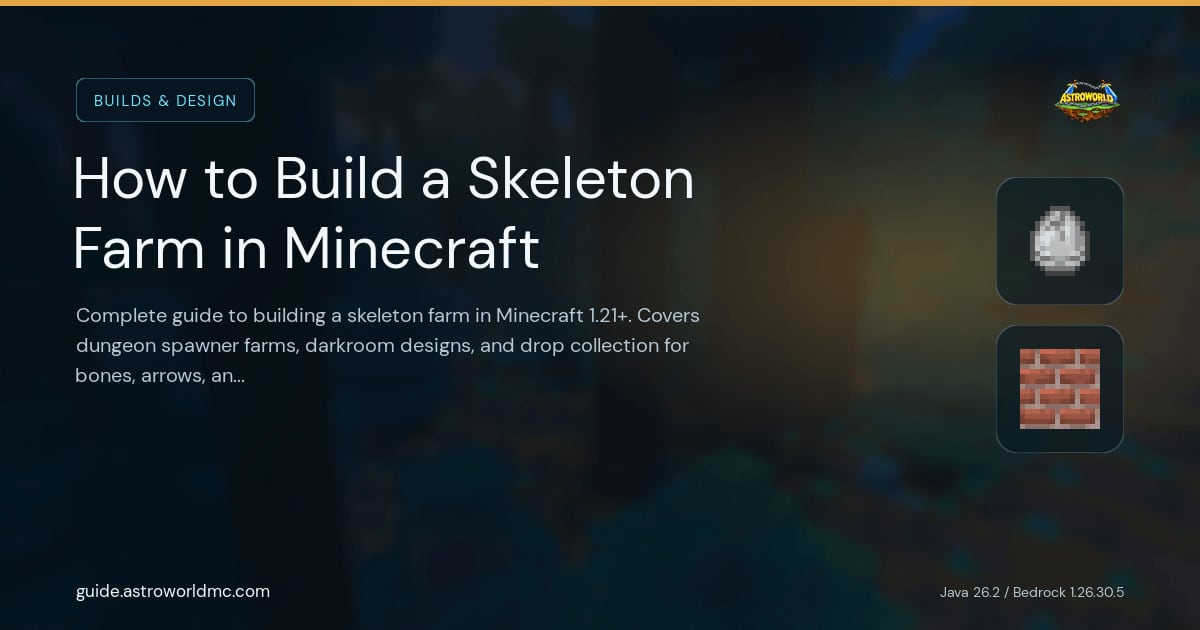 How to Build a Skeleton Farm in Minecraft: Complete guide to building a skeleton farm in Minecraft 1.21+. Covers dungeon spawner farms, darkroom designs, and drop collection for bones, arrows, and XP.