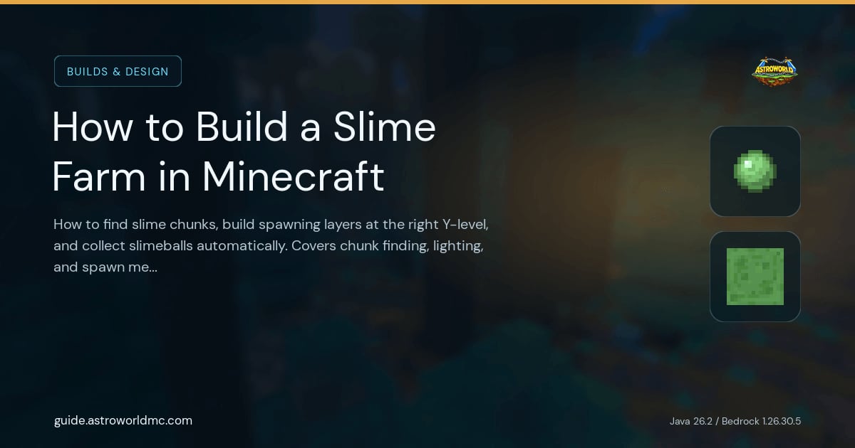 How to Build a Slime Farm in Minecraft: How to find slime chunks, build spawning layers at the right Y-level, and collect slimeballs automatically. Covers chunk finding, lighting, and spawn mechanics.