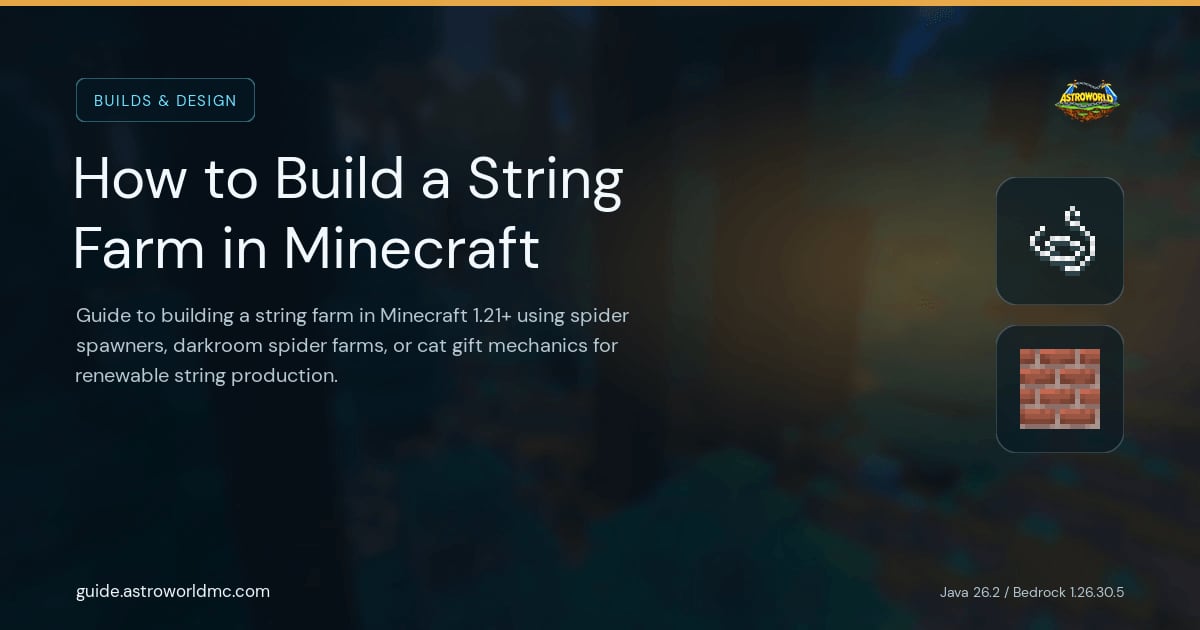 How to Build a String Farm in Minecraft: Guide to building a string farm in Minecraft 1.21+ using spider spawners, darkroom spider farms, or cat gift mechanics for renewable string production.