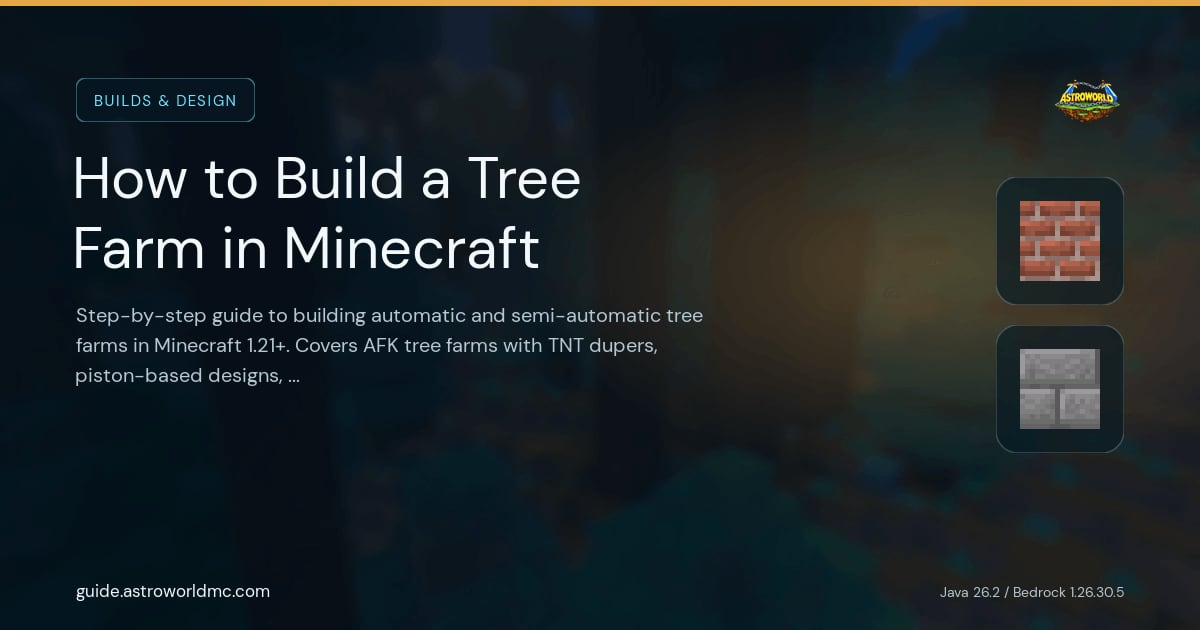 How to Build a Tree Farm in Minecraft: Step-by-step guide to building automatic and semi-automatic tree farms in Minecraft 1.21+. Covers AFK tree farms with TNT dupers, piston-based designs, and manual layouts for every wood type.
