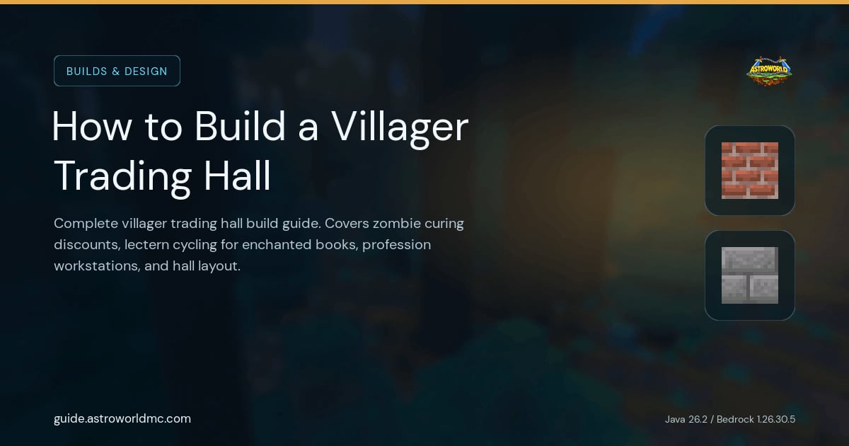 How to Build a Villager Trading Hall: Complete villager trading hall build guide. Covers zombie curing discounts, lectern cycling for enchanted books, profession workstations, and hall layout.